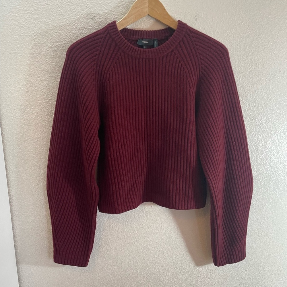 ♥️ THEORY Ribbed Balloon Sleeve Maroon Red Merino Wool Sweater Size M